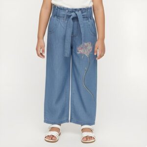 Hand Print Girls' Light Blue Wide Leg Floral Embroidered Jeans